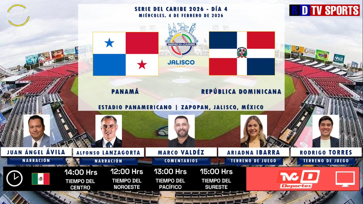 🇲🇽 ⚾️ #SerieDelCaribe  #Jalisco2026  #Día4 | 🇵🇦 #Panamá   🆚 #RepúblicaDominicana 🇩🇴

🗓️ Hoy
🇲🇽⏰ 14:00 Hrs TC, 12:00 Hrs TP
📺 <a href="/TVCDeportes/">TVC Deportes</a>
🎤 <a href="/juanangelavila/">Juan Angel Avila</a>
🎤 <a href="/Alfonsolanzagor/">alfonso lanzagorta</a>
🎤📝 <a href="/m_valdez12/">Marco Valdez Zavala</a>
🎤⛳ <a href="/ariadnaibarramx/">Ariadna Ibarra</a>
🎤⛳️ <a href="/soyrotorres/">Rodrigo Torres</a>

🤳 #SerieDelCaribeEnTVCD #PANDOM