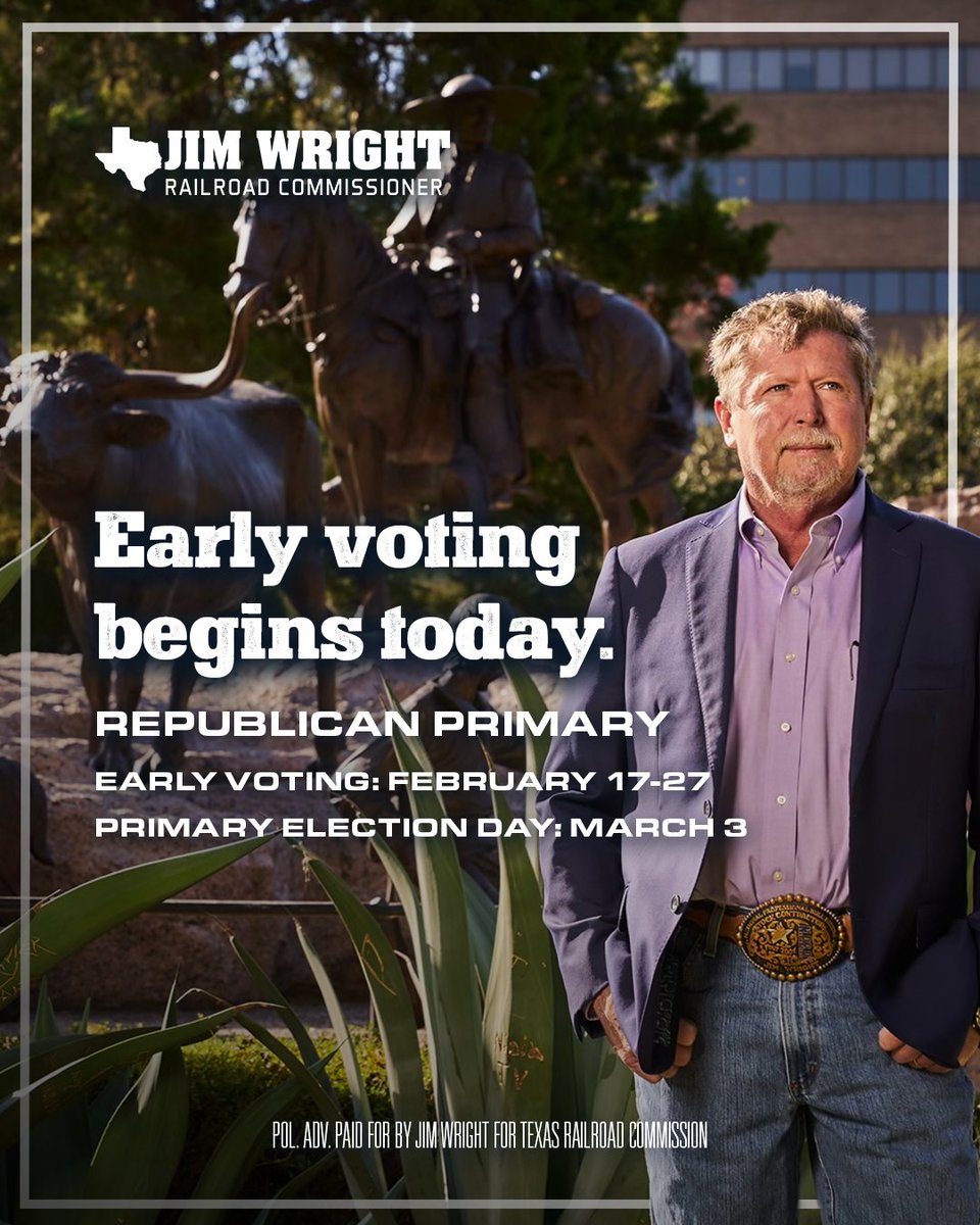 JimWright4Texas's tweet photo. Early voting runs through February 27.

Your vote helps decide the future of Texas energy leadership.

Make your plan to vote. https://t.co/RaUHfz1h1X