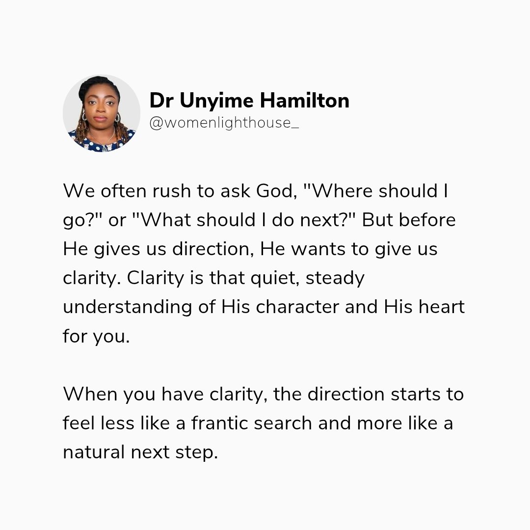 wlhcommunity's tweet photo. Clarity before direction. 

Before you ask God "where," lean into "Who" He is. Everything else will follow. 🤍

#balancedwoman #redefiningidentity #SheCanHaveItAll #womenlighthouse https://t.co/A1ogltKLZw