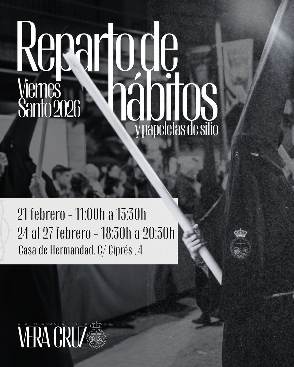 #SemanaSanta | Recoge tu hábito el sábado 21 de febrero de 11h a 13.30h y del 24 al 27 de febrero de 18.30h a 20.30h en nuestra Casa de Hermandad (C/ Ciprés, 4).

También puedes pasar a retirar tu papeleta de sitio y abonar la cuota 2025.

#SomosHermandad #SoydelaVeraCruz