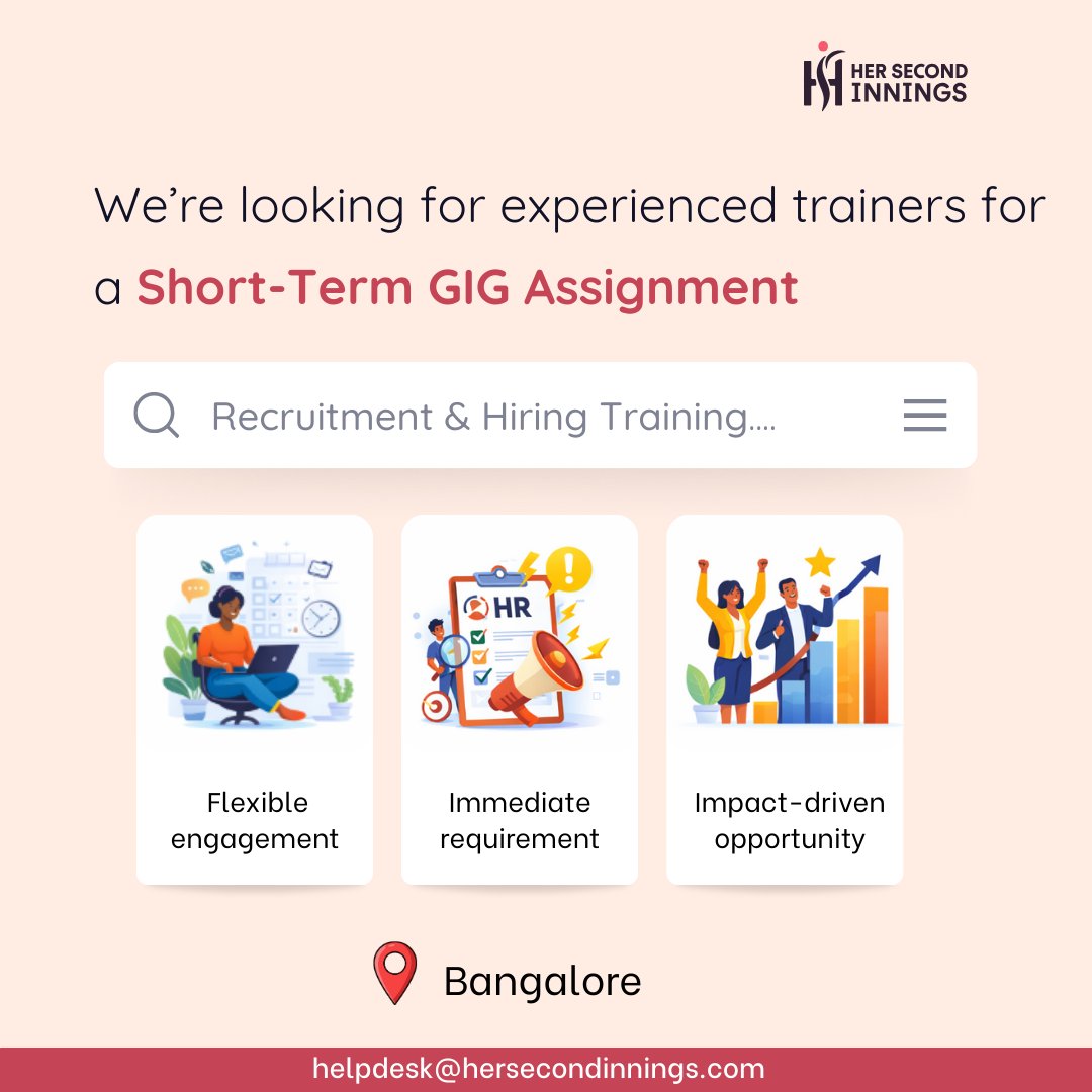 Great training creates great hiring.

Email:  support@hersecondinnings.com 

#NowHiring #HRTraining #RecruitmentSkills #GigWork #BangaloreCareers