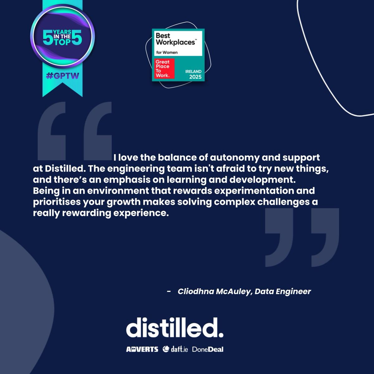 Distilled_ie's tweet image. Distilled is proud to be a Great Place to Work for Women in Tech 💜

We Create with Impact by staying curious, balancing autonomy and support 👏

Check out our open roles on the Engineering team:
buff.ly/XfSMhLe

#ThriveHere #CreatewithImpact #PlayYourPart #WomeninTech