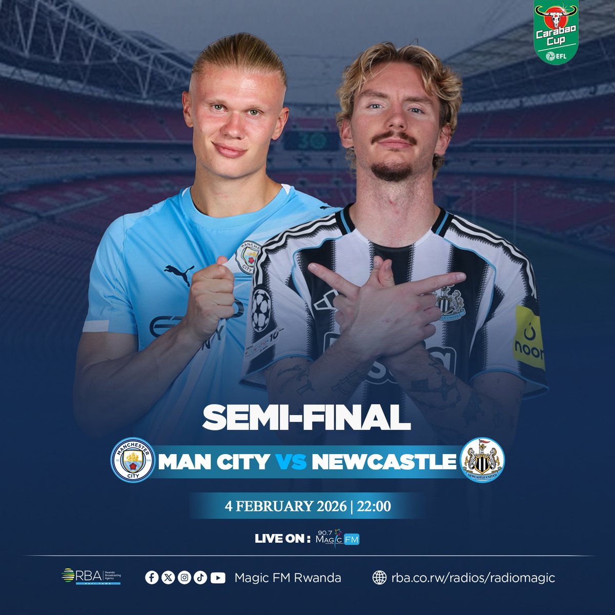 MagicFmRadio's tweet image. #CarabaoCup 🔥⚽

Man City irakira Newcastle United mu mukino wo kwishyura wa ½ cy'irangiza cya League Cup, tumenya ikipe isanga Arsenal ku mukino wa nyuma.

Ese Newcastle ifite igikombe giheruka yakwishyura bibiri yatsindiwe iwayo?

Uyu mukino urawumva kuri #MagicFM #RBASports