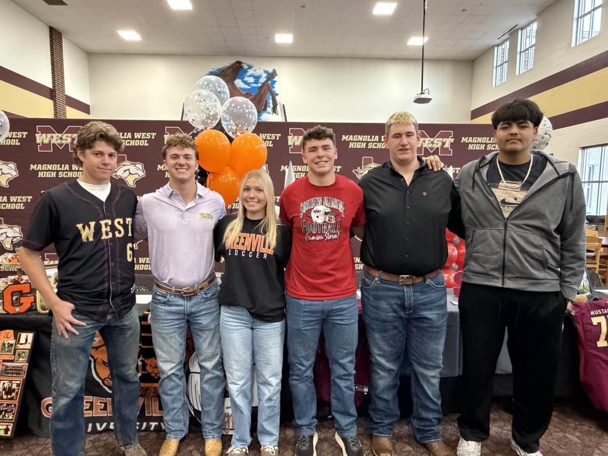 Congrats to our signees from Magnolia West!! 

Asa Doddema ⚾️ <a href="/tamut_baseball/">TAMUT Baseball</a> 
Luke Mattingly 🏈 <a href="/CruFootball/">UMHB Football🏈</a> 
Kaytie McBride ⚽️ <a href="/guws_panthers/">Greenville University Women’s Soccer</a> 
Matthew Tollenaere 🏈 <a href="/SNUFootball/">SNU Football</a> 
Andreas Meier 🏈 <a href="/WeevilFootball/">UAM Football</a> 
Salvador Reyna 🏈 <a href="/TSUFootball/">Texas Southern Football</a>
