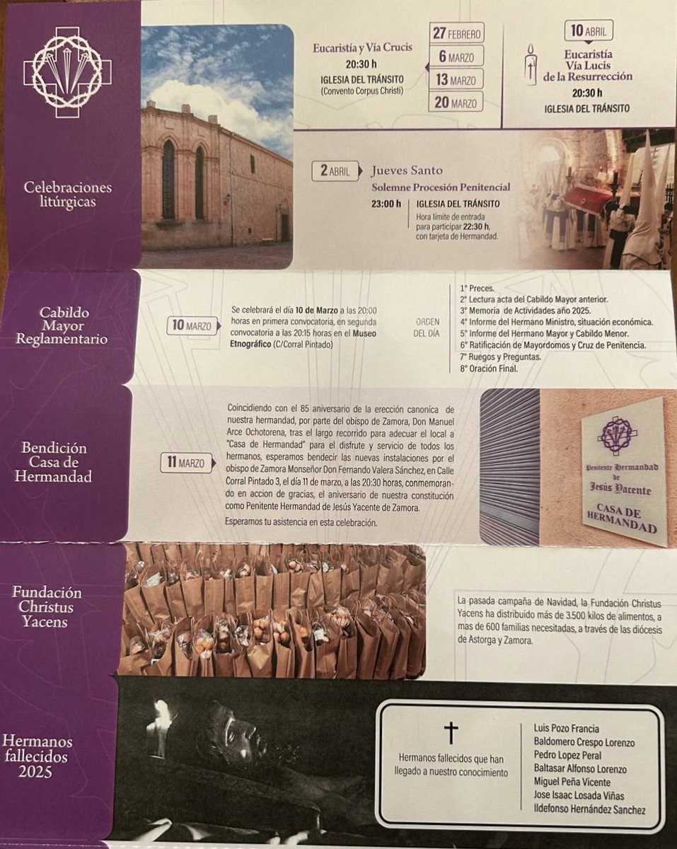 Calendario oficial de actos 2026 ⚪️🟣Semana Santa en Zamora. 

Boletín informativo de la Penitente Hermandad de Jesús Yacente con los Via Crucis, actos, eventos y Solemne Procesión de la Semana Santa 2026.

#christusyacens
#jesusyacentezamora
#365diasdehermandad
#SemanaSanta2026