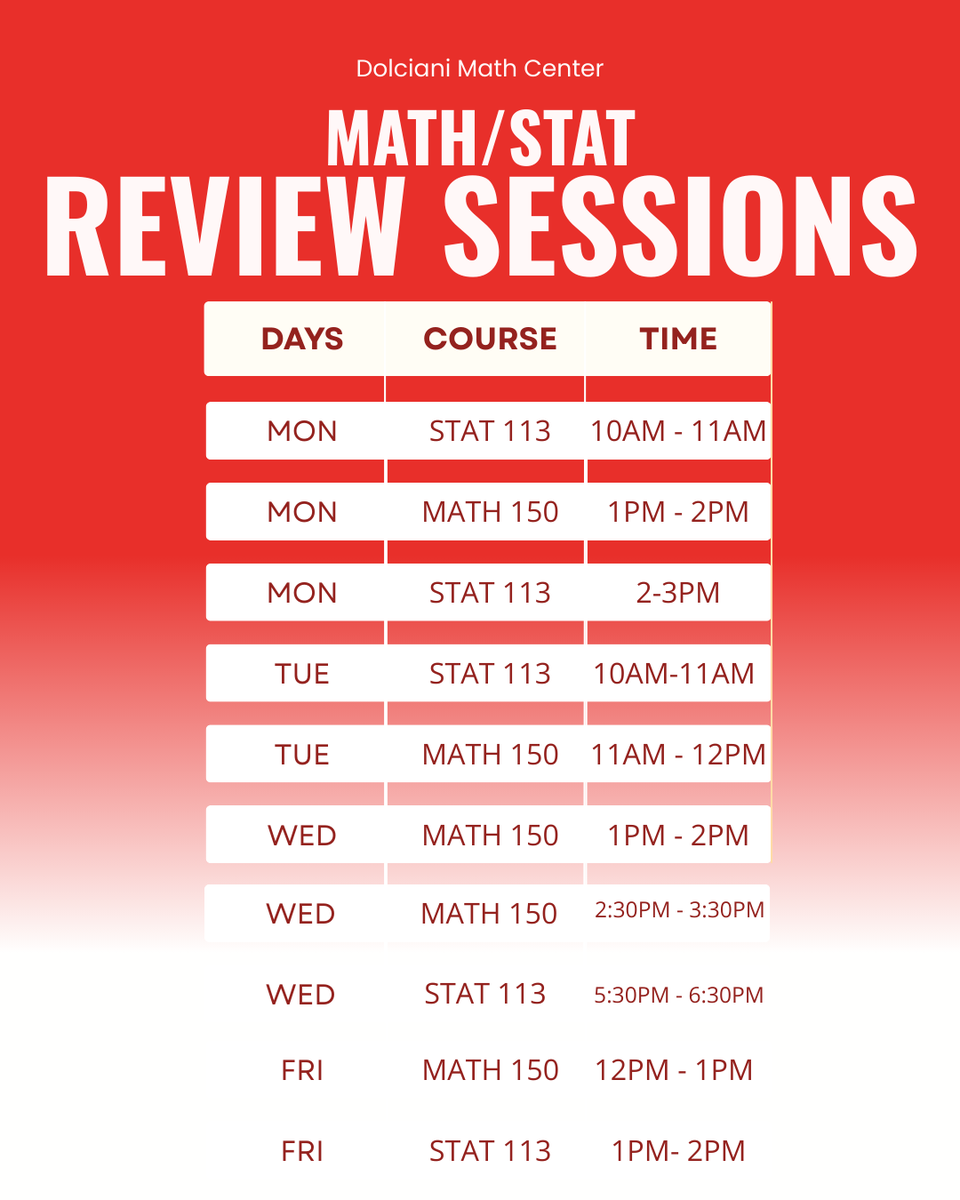 HunterDolciani's tweet photo. Weekly Review Sessions are back this semester. Join us for weekly review of Math &amp; Statistics topics. https://t.co/IrVVrG1evr