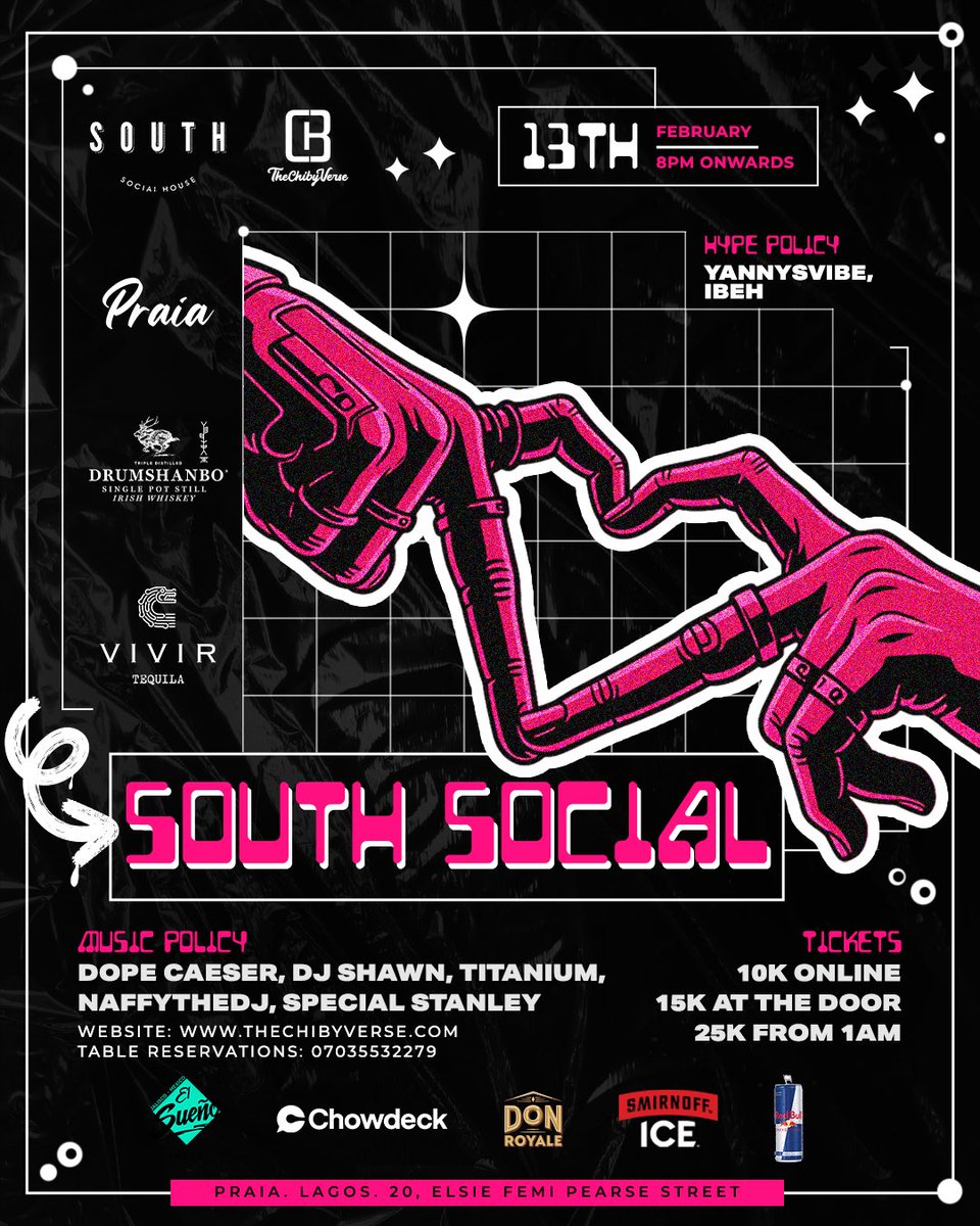 South Socials, we’re back baby 💗💗
Date: Friday, the 13th of February 
Time: 8pm till mama calls 😈
Venue: Praia Lagos 

Music: Dope Caesar | <a href="/DeeJayShawn_/">DJ Shawn</a> | <a href="/whoistitanium/">No Titanium No Party</a> | <a href="/hotsturvvv/">🐘naffy🐘</a> | <a href="/SpecialSTANLEY_/">Special</a> 🎶
Hypmen: <a href="/Yannysvibe/">King of Vibes 👑</a> | <a href="/DavidEbukae/">IBEH</a> 

Thechibyverse.com for