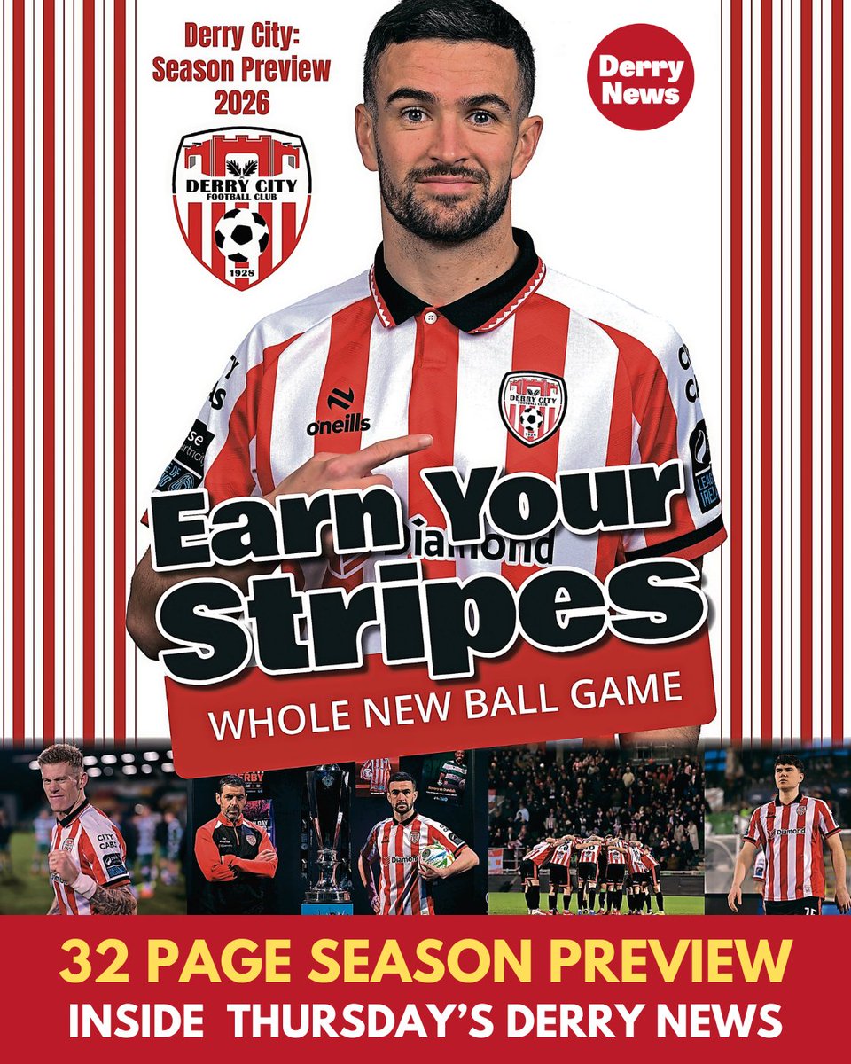 DerryNow's tweet photo. .@derrycityfc enter the 2026 season with soaring expectations. Can Tiernan Lynch’s reinforced Derry City FC squad finally end the 29-year wait for league glory?
Don't miss our 32 page preview in Thursday's Derry News.
#Derry #derrynews #derrynow #countyderrypost #derrypost https://t.co/oBAGa60E3k