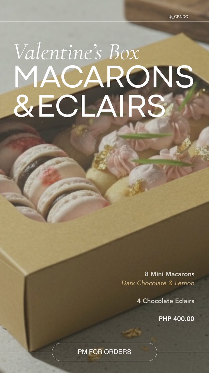 mfalpiece's tweet image. hi guys pls help rt 🌷

my bestfriend who is a pastry chef/culinary instructor opened a pre-order of valentine’s box for just ₱400 (macarons &amp;amp; eclairs), available for shipment within metro manila/nearby areas! 

you can dm @_crndo on ig or dm me if you’re interested!! 🙂‍↕️🤎