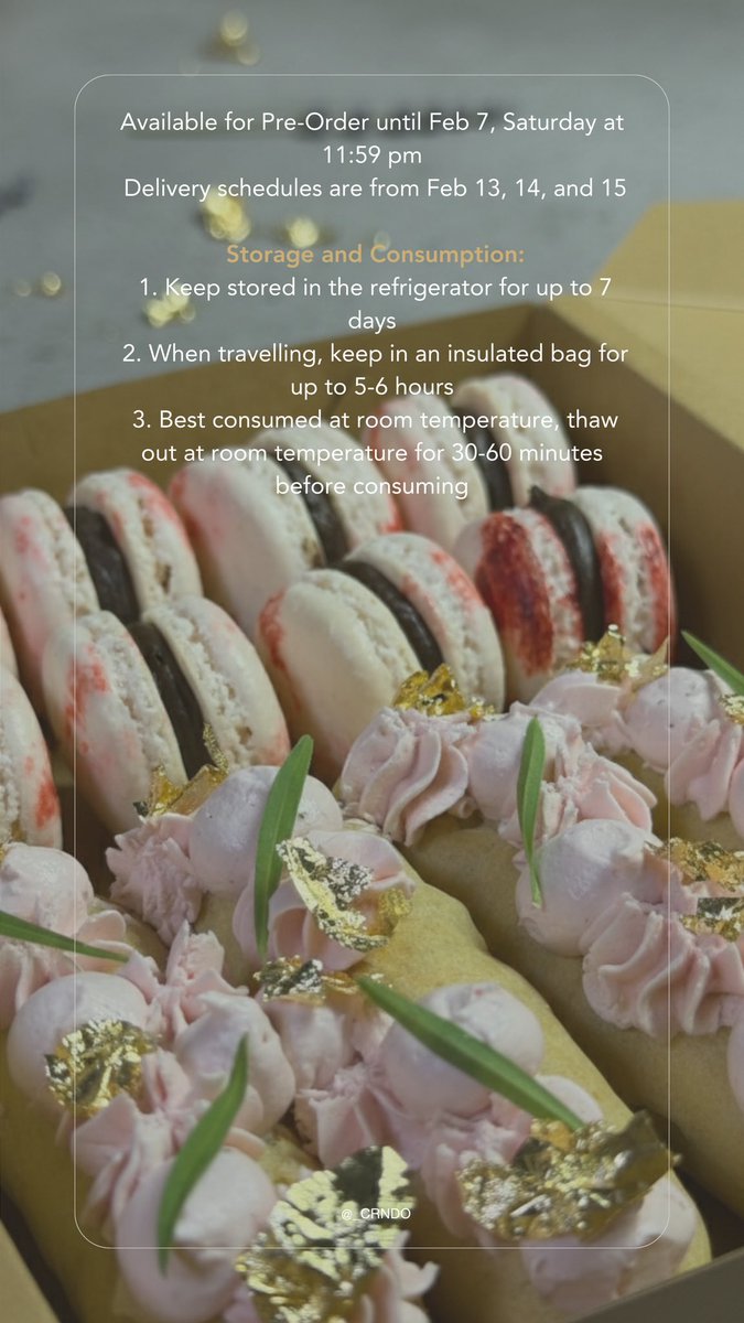 mfalpiece's tweet image. hi guys pls help rt 🌷

my bestfriend who is a pastry chef/culinary instructor opened a pre-order of valentine’s box for just ₱400 (macarons &amp;amp; eclairs), available for shipment within metro manila/nearby areas! 

you can dm @_crndo on ig or dm me if you’re interested!! 🙂‍↕️🤎