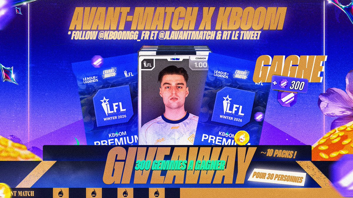 Avec KBOOM on vous fait gagner 300 gemmes soit l’équivalent de 10 packs pour faire vos Drafts ! 🎴🎉 
Pour participer :
- Follow <a href="/KboomGG_FR/">KBOOM.GG | FR 🇫🇷</a> &amp; <a href="/JLAvantMatch/">L’Avant-Match</a> 
- RT ce tweet
- Commenter votre pseudos KBOOM ! ⚠️

30 gagnants, tirage au sort le 09/02 !