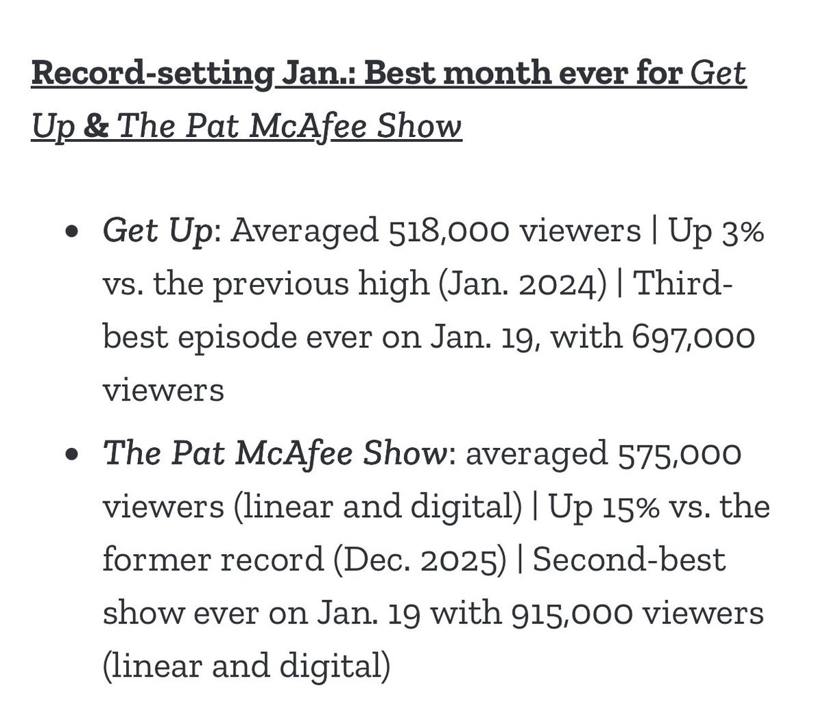 January 2026 was another record-breaking month for <a href="/Espngreeny/">Mike Greenberg</a>, the <a href="/GetUpESPN/">Get Up</a> team and the <a href="/PatMcAfeeShow/">Pat McAfee</a>.