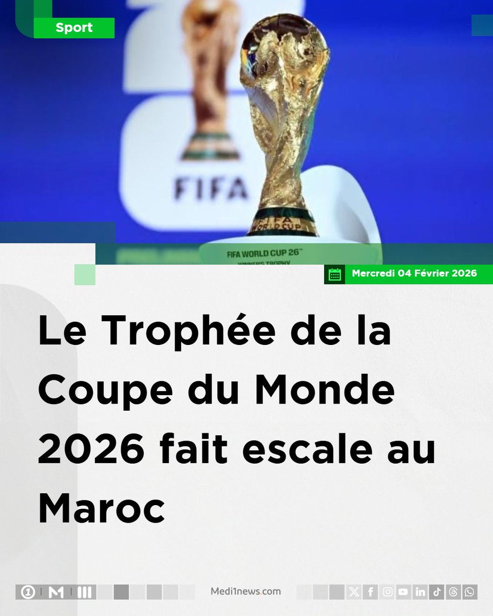 Medi1tvAfrique's tweet image. Le #Trophée_de_la_Coupe_du_Monde_ 2026 fait escale au #Maroc
ow.ly/uEsZ50Y8LWY
