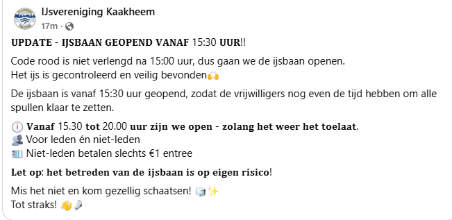 <a href="/rtvnoord/">RTV Noord</a>
de ijsbaan kaakheem in Ten Boer is open 𝐔𝐏𝐃𝐀𝐓𝐄 - 𝐈𝐉𝐒𝐁𝐀𝐀𝐍 𝐆𝐄𝐎𝐏𝐄𝐍𝐃 𝐕𝐀𝐍𝐀𝐅 15:30 𝐔𝐔𝐑!! #schaatsen