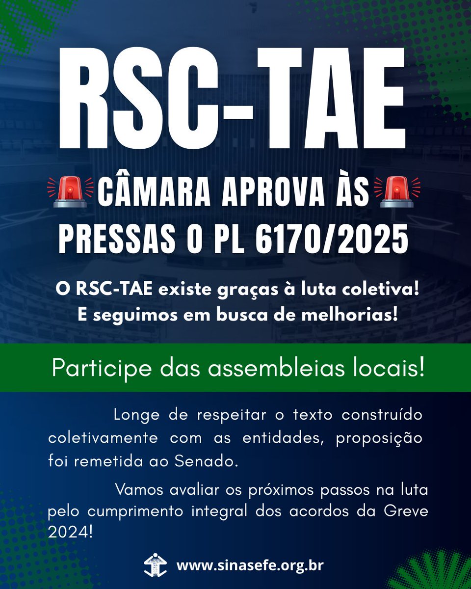 Carreira TAE | A Câmara dos Deputados aprovou nesta terça-feira (03/02), às pressas, o Projeto de Lei nº 6.170/2025, que trata do Reconhecimento de Saberes e Competências (RSC-TAE).
Leia mais e relembre a luta histórica pelo RSC-TAE:
sinasefe.org.br/site/rsc-tae-c…