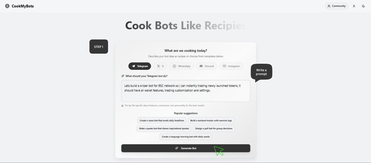 CookMyBots's tweet image. ♻️Launch a Bot in 5 minutes in 5 Easy Steps:
visit: cookmybots.com
1. Type in your idea in plain English.
@CyreneAI @CyreneAIFlows