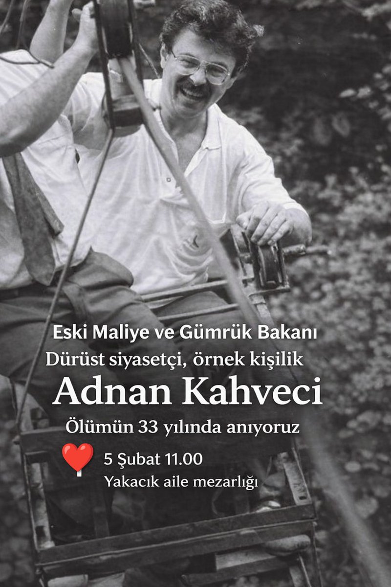 Adnan Kahveciyi anıyoruz. 🇹🇷

Dürüstlüğüyle, çalışkanlığıyla ve devlet ciddiyetiyle iz bırakan bir isimdi.
Trabzon Köprübaşı’nın yetiştirdiği, eski Gümrük ve Maliye Bakanı Adnan Kahveci; siyasette ahlakın, kamuda liyakatin simgesi oldu.