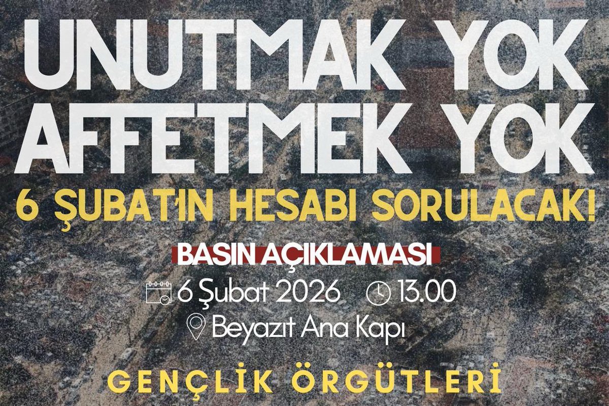 Unutmak Yok!
Affetmek Yok!
3 yl önce 6 Şubat depreminde ihmaller sonucu kaybettiklerimizin hesabını sormak için bir araya geliyoruz.

Deprem değil, Kapitalist sistem öldürür!
📍Beyazıt Ana Kapı
🗓️6 Şubat Cuma 13.00