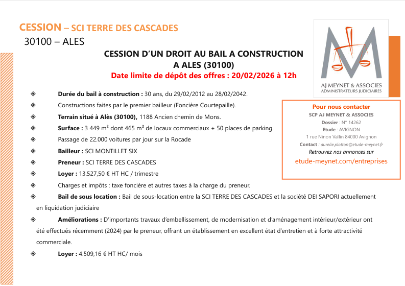 EtudeMeynet's tweet image. AJ Meynet &amp;amp; Associés cherche des candidats pour la reprise d'un droit au bail à #construction situé à #Alès (30)

Surface : 3 449 m² dont 465 m² de locaux commerciaux + 50 places de parking
Loyer : 13.527,50 € HT HC /trimestre

DLDO : 20/02/2026 à 12h
#Contact : Aurelie Plotton