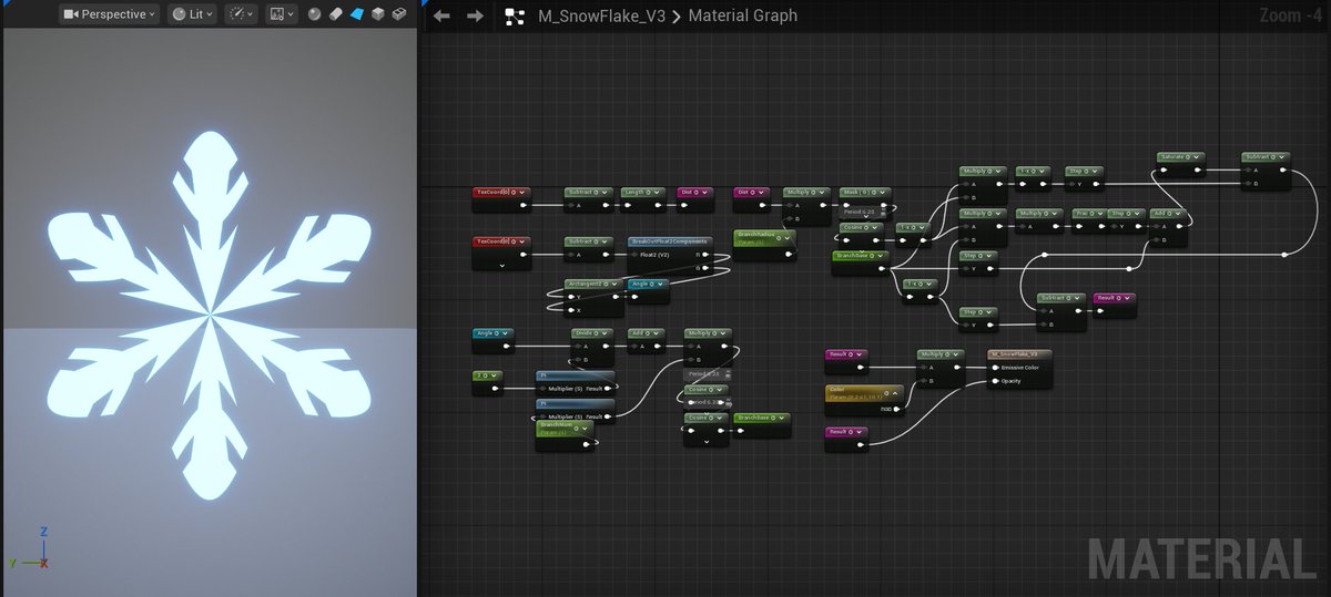 endwar1338's tweet image. Created a glowing Snowflake Material in UE5. Not using SDF—just simple nodes for icy look. Could work great in Niagara for particle effects like falling snow.
Node graph is here:blueprintue.com/blueprint/0sq2…
 #UE5 #material…
