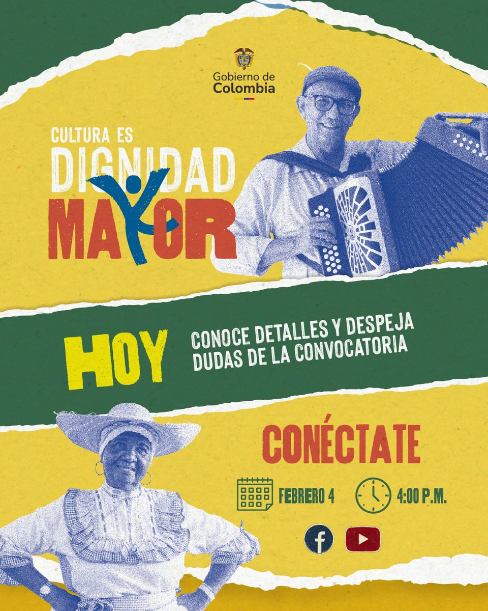 📢 ¡Atención artistas mayores y gestores!

Hoy resolvemos todas sus dudas sobre la convocatoria #CulturaEsDignidadMayor. 

⏰ Hoy 4 de febrero - 4:00 p.m. 
🔗 youtube.com/watch?v=PVoZ4a…

¡Te esperamos! 🎭🎨
