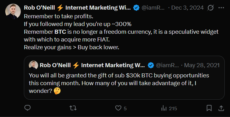 For full transparency; I told you all to take profits at 100K, warned you it was not a freedom asset, and sold all my remaining BTC &amp; ETH on a particularly auspicious day prior to the current public revelations. All the smart people who follow my lead made a lot of money.
