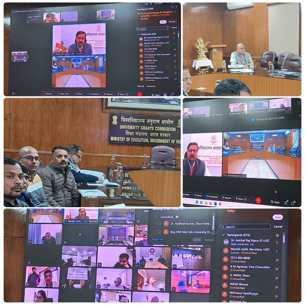 ugc_india's tweet photo. Glimpses of a virtual meeting chaired by Prof. Manish R. Joshi (@TweetJoshmanish), Secretary, UGC. The meeting was attended by the Joint Secretary, UGC, other UGC officials, and Heads of Higher Education Institutions (HEIs) to discuss Pre-Summit Activities for the AI Impact Summit 2026.