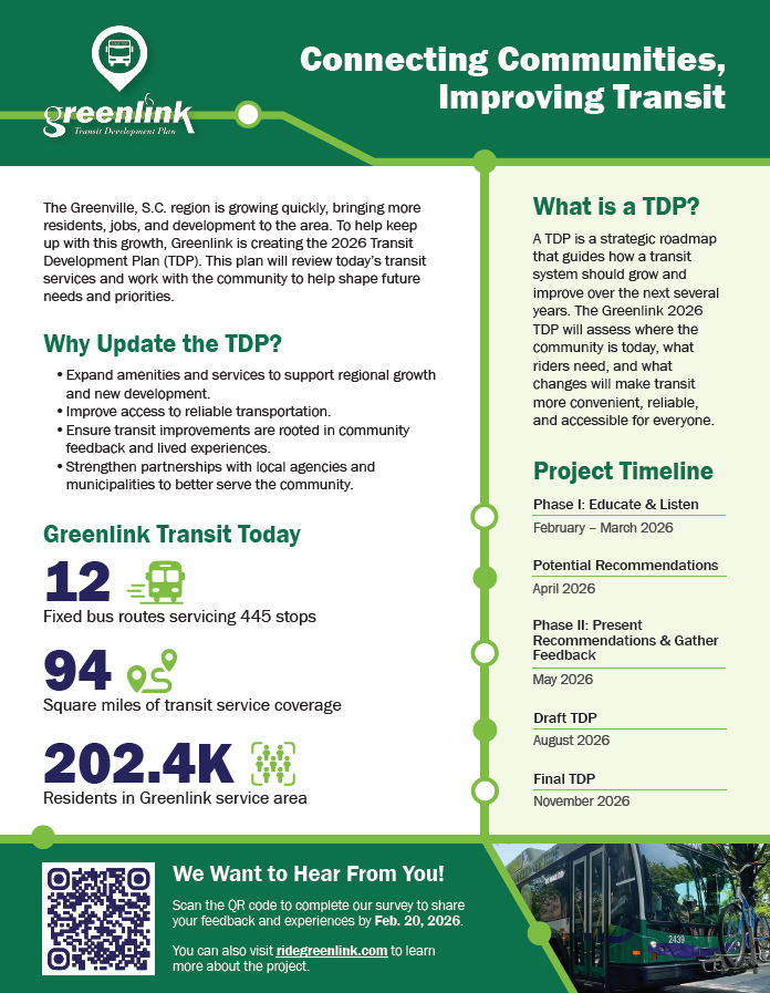 GPATSSC's tweet image. Are you interested in the @RideGreenlink Transit Development Plan (TDP)? 

Take the survey today! greenvillesc.gov/2738/Greenlink…