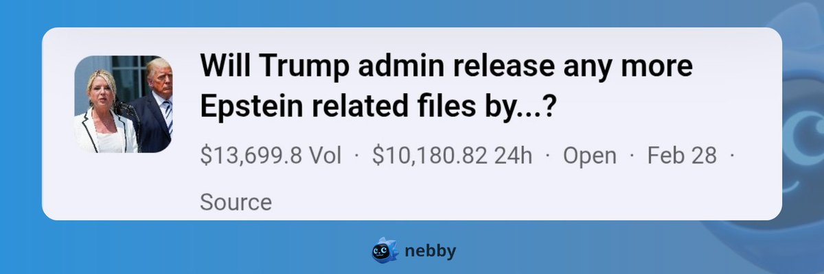 Trending Today: One of the most closely watched political markets right now. 

Traders show strongest conviction toward Feb 28, where Yes is priced at 91% and No at 11%.

Earlier dates trail behind:

Feb 13: Yes 74%, No 27%

Feb 6: Yes 39%, No 64%

Track here: