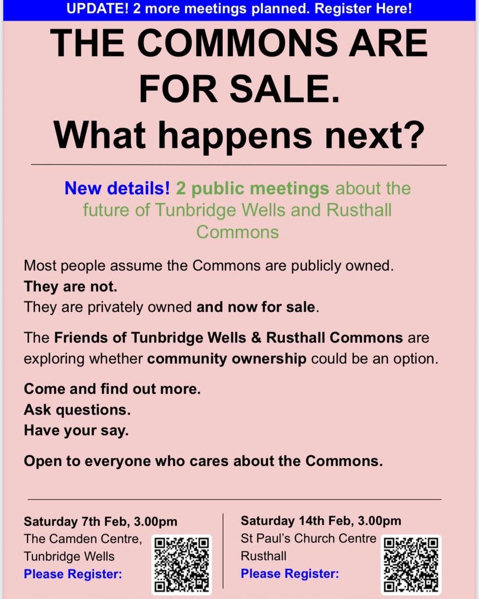 Another chance to hear about the proposed sale of the Tunbridge Wells &amp; Rusthall Commons

📅Saturday 7th Feb 3pm
📍The Camden Centre