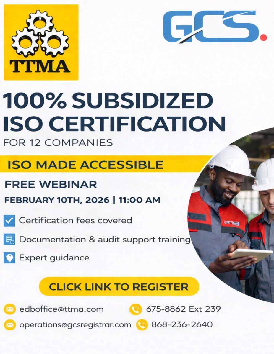 ISO Certification Made Accessible!
 
Join our FREE webinar on February 10th, and learn how to get certified with GCS Inspections Trinidad Ltd.

Click the link to register today: us06web.zoom.us/meeting/regist…
 
#ISOCertification #TTMA #GCS  #ISOTraining #ExcellenceInService