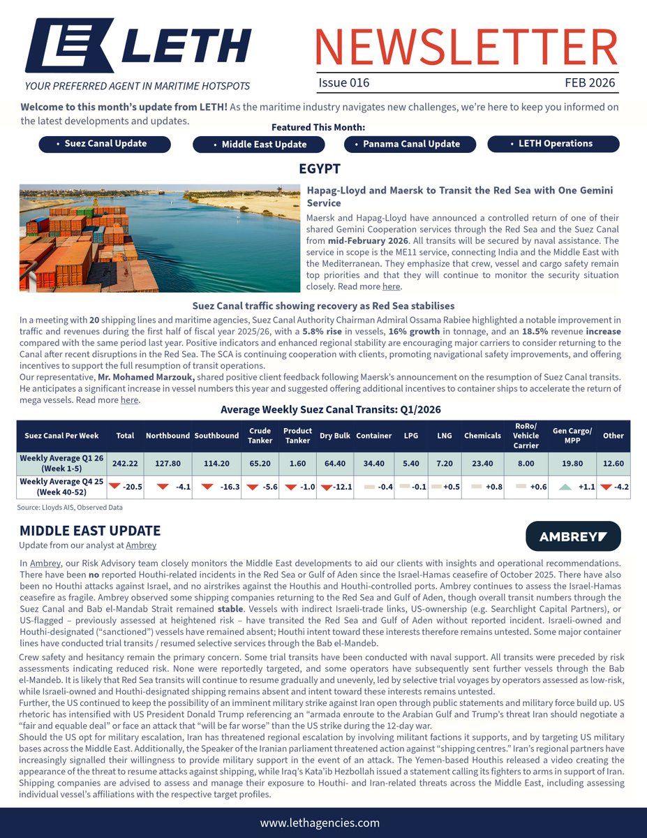 AgenciesLeth's tweet photo. 𝗙𝗲𝗯𝗿𝘂𝗮𝗿𝘆: 𝗙𝘂𝗹𝗹 𝗦𝘁𝗲𝗮𝗺 𝗔𝗵𝗲𝗮𝗱

In this month’s issue, we share the latest updates across key maritime operations, including:

⚓ Suez Canal traffic recovery and developments
🌊 Panama Canal transit demand and slot availability trends
🌍 Middle East updates https://t.co/PcqbBkLu73