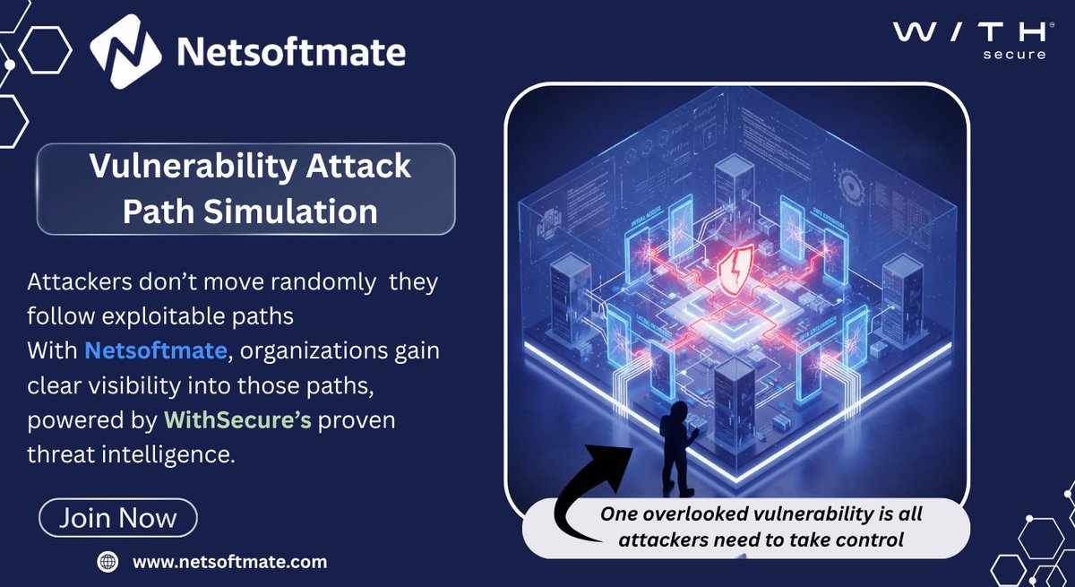 Netsoftmate's tweet photo. Most cyber attacks don’t start at the breach point

• Attack path visibility — • Real exploitable risks — • Accelerated risk mitigation

Stop attackers before impact
👉 https://t.co/AKH99epy9R

#CyberSecurity #VulnerabilityManagement  #Netsoftmate #WithSecure https://t.co/ZTnP4CScPY
