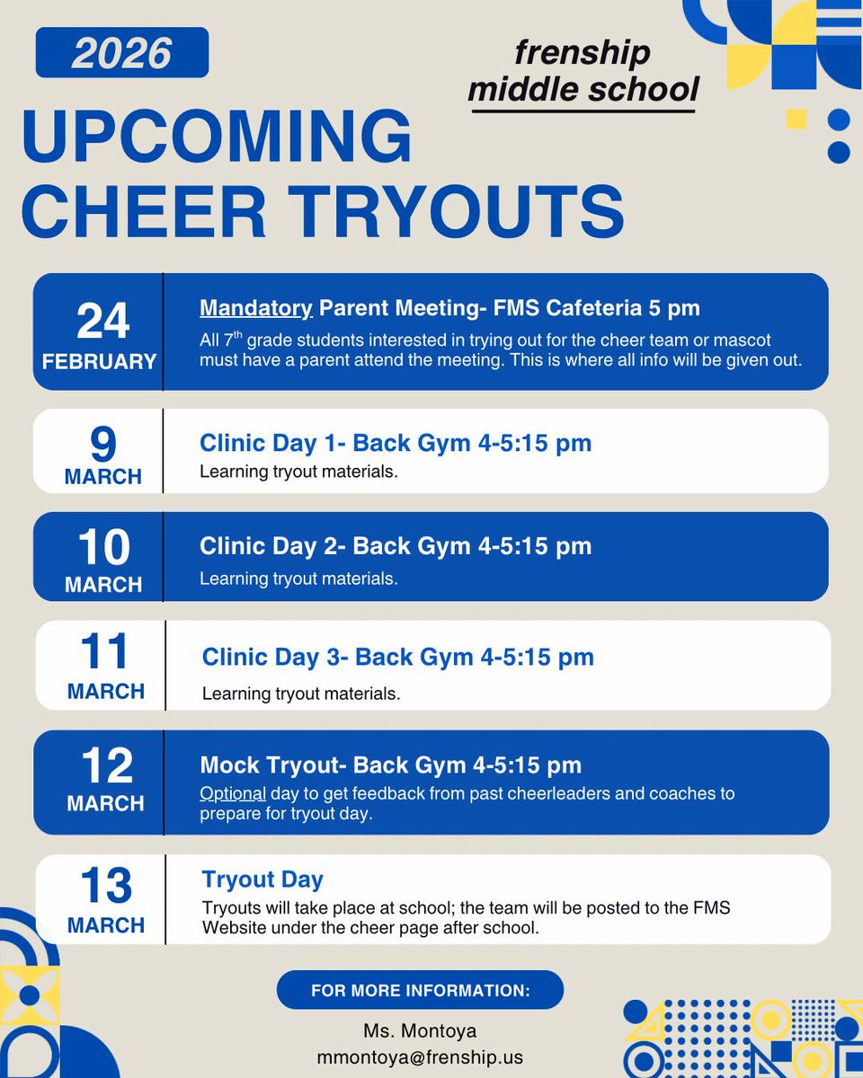 !!!Attention all 7th graders interested in trying out for next year’s cheer squad!!!
Important informational meeting for 7th graders interested in trying out for cheer on February 24 @ FMS @ 5pm.  A parent or guardian must be in attendance with their student.