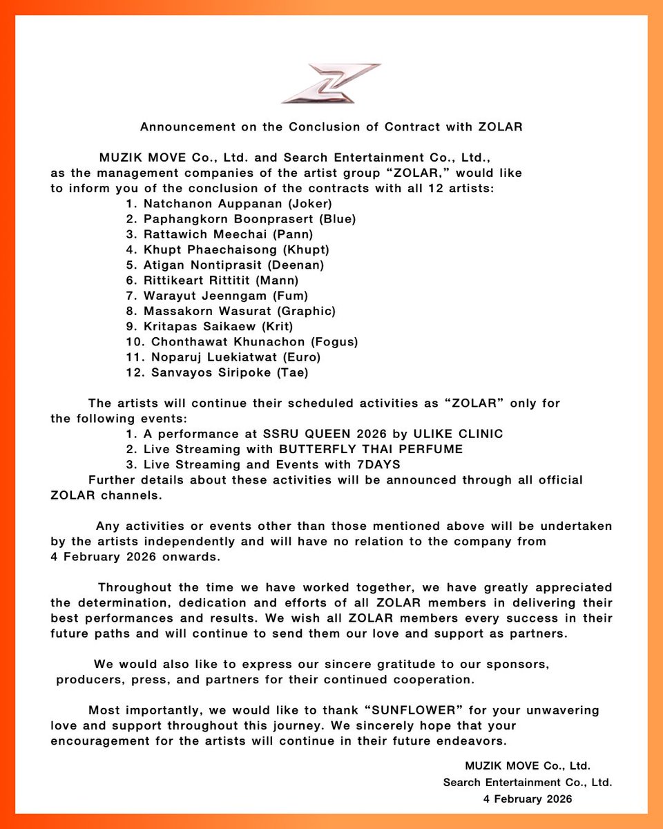 ZOLARofficialTH's tweet image. ZOLAR ANNOUNCEMENT 

ประกาศแจ้งสิ้นสุดสัญญาศิลปิน ZOLAR 

Announcement on the Conclusion of Contract with ZOLAR 

#ZOLAR