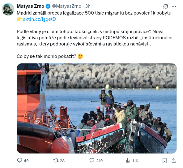 Jak se vyrábí nenávist.

Naprostá většina těch "migrantů bez povolení" jsou lidé ze španělsky mluvících křesťan. zemí lat. Ameriky, kulturně i třeba příbuzensky silně provázaní na Španělsko.

Návrh je na 1 rok, ne trvalý pobyt, ne občanství.

A Podemos má jen 4 poslance z 350.