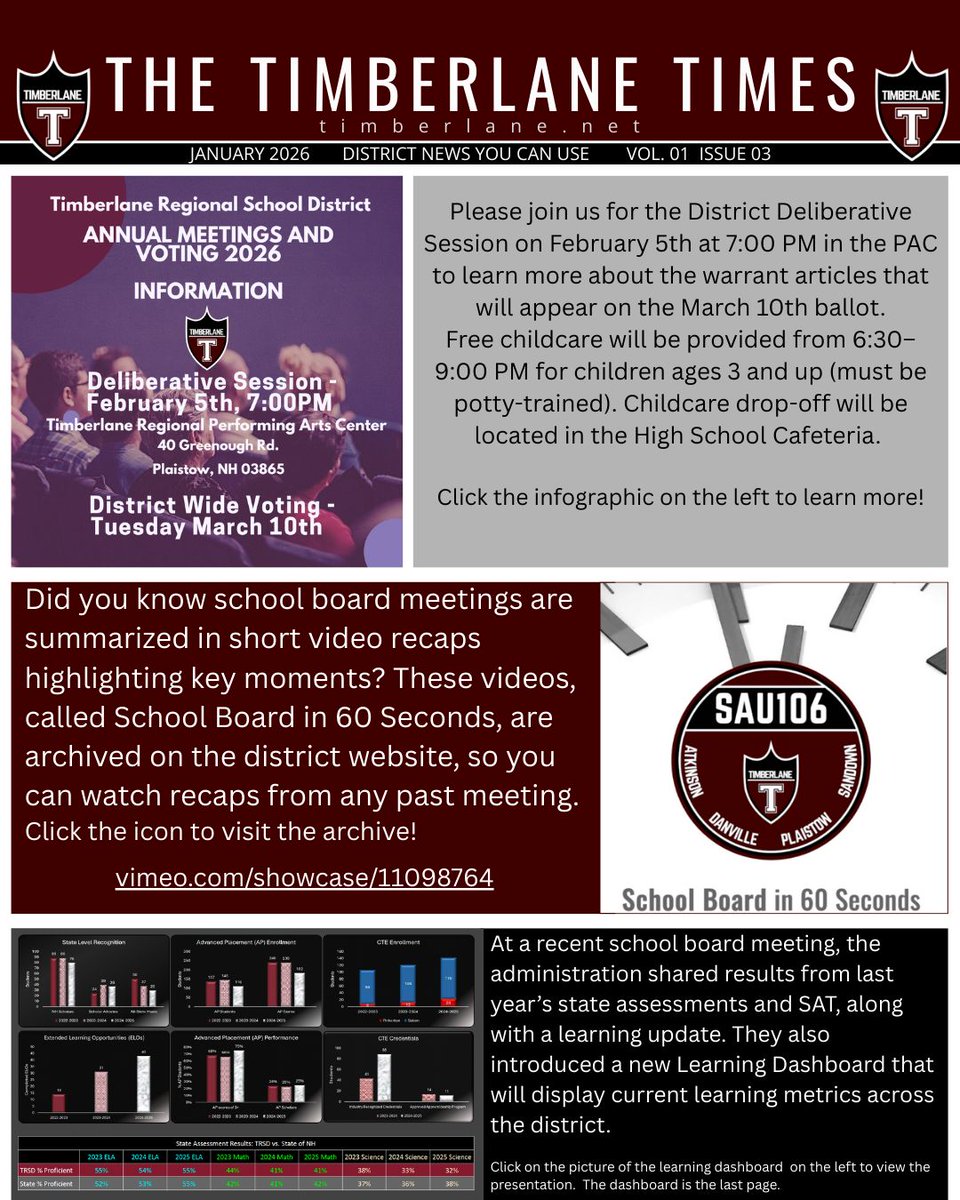Dear Timberlane Community,

We’re excited to share the Winter 2026 Edition of the Timberlane Times—our district-wide newsletter designed to keep the entire Timberlane community informed and connected.

Click to read the 2026 Winter Edition: buff.ly/BXKmcP3