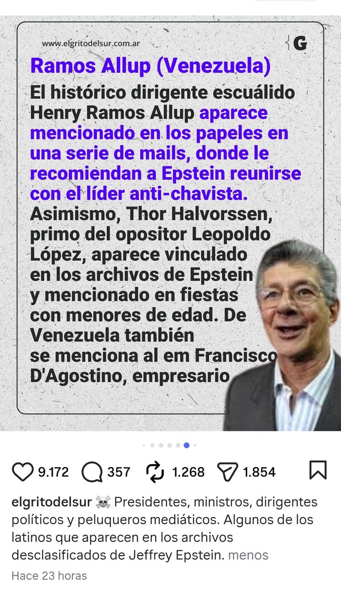 RManzaneroV's tweet photo. @MrDanielV @GuaraCuchaFE Además ahora H.R.A. y otros de la política venezolana aparecen en los Archivos de Epstein. https://t.co/oWbzK13s5C