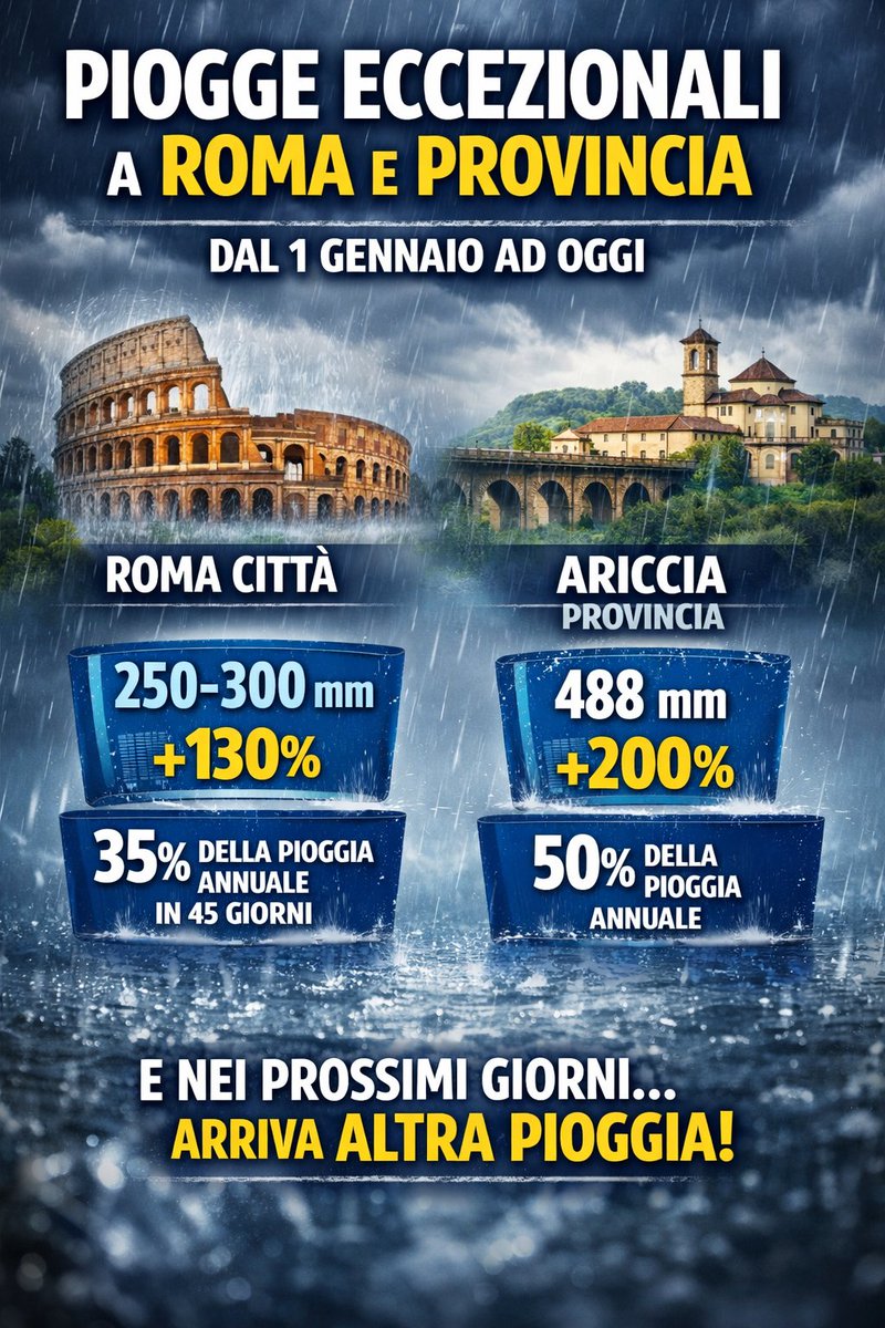Ma quanta pioggia è caduta a Roma e provincia nelle ultime settimane? Tanta, tantissima.

Le stazioni meteo della città registrano un accumulo pluviometrico tra i 250 e i 300 mm dal 1° gennaio a oggi. Si tratta di un aumento del 130% rispetto alle piogge attese nello stesso