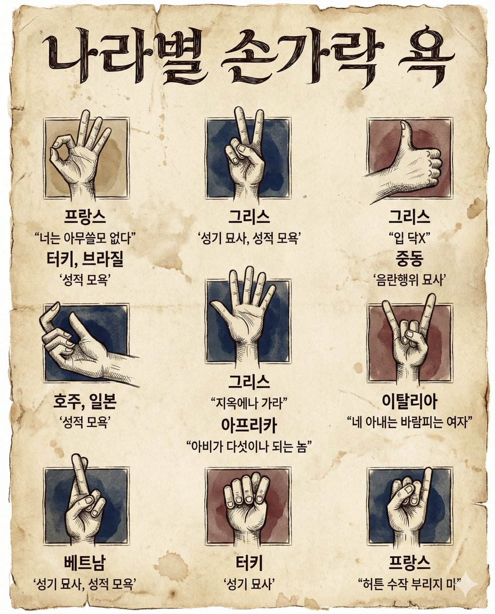 나라별 손가락 욕이라는데, 이 정도면 손을 아예 꺼내지 않는 편이 낫겠다 싶어요.  

그나저나 터키는 뭐임?😅🫣