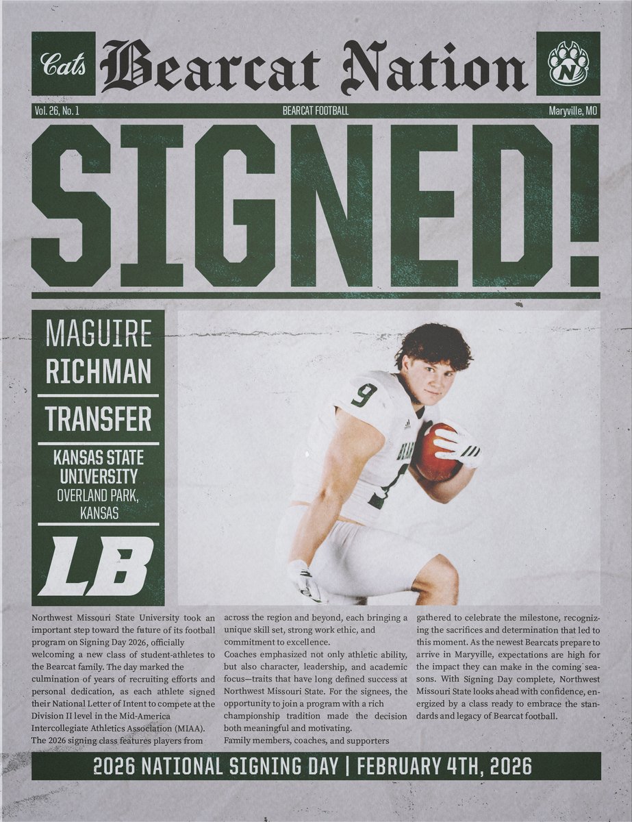 NWBearcat_FB's tweet photo. 🚨IMPORTANT ANNOUNCEMENT🚨
From Wildcats to Bearcats, this Transfer LB is ready to make his mark! Fast, Physical, Relentless! LB Maguire Richman - KS
#CATSONTHERISE #GOOD𝟐𝟔REAT #EARNEDNOTGIVEN https://t.co/BhmeESxKJ9