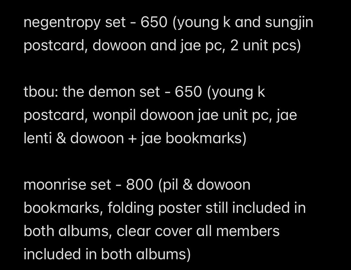formarkhwi's tweet photo. wts/lfb day6 unsealed albums ph 🤍

negentropy set - 650
the demon set - 650
moonrise set - 800

take ALL for 2k 😙

🤍 MOD: j&amp;t, ggx, sdd
🤍 MOP: gcash, maya, maribank, bpi

inclus are in the last pic ✨

albums &amp; cards were stored for long so this is not for sensitive buyers ❌ https://t.co/Sej6C825NG