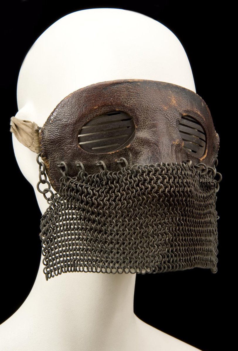 wikivictorian's tweet photo. Protective mask, leather and chain mail, 1917-18. Science Museum.  

Masks like this one were worn by British crews in tanks during the First World War. The leather mask is shaped to fit around the eyes and nose and the chain mail was used to protect against splinters from explosions as the tank came under fire. Life inside these primitive vehicles would have been extremely uncomfortable as well as dangerous.
