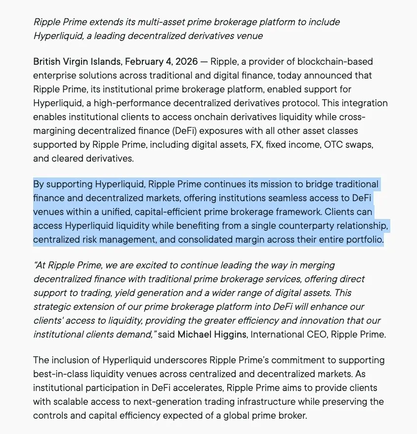 Xfinancebull's tweet image. BOOM! 🚨🚨🚨 Ripple Prime just integrated Hyperliquid

$XRP and $HYPE. TradFi meets DeFi

Institutions can access onchain derivatives liquidity with cross margin across supported assets like XRP

This is institutional infrastructure merging

The bridge is being built!
