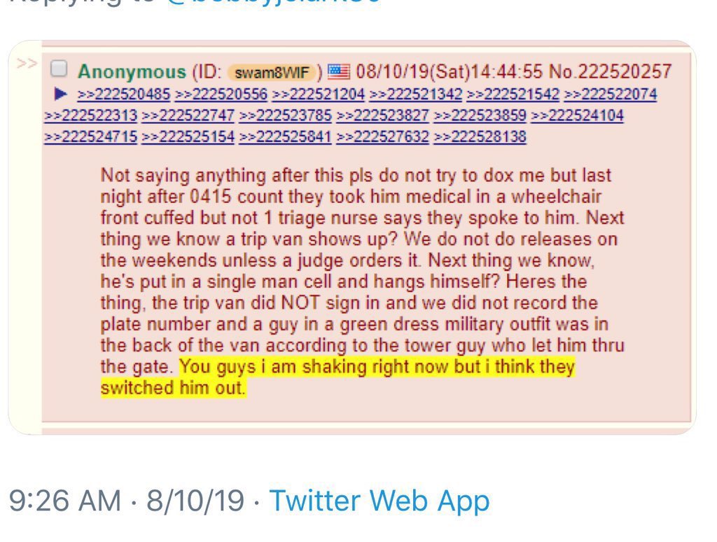 frreakyman's tweet photo. I found a screenshot of a post from 4Chan.

In the post, an anonymous user claimed that on the morning of Jeffrey Epstein’s death (August 10, 2019), he was working as a prison guard and saw Epstein being taken out on a wheelchair.

What stood out was that this wasn’t written like a rumor it was specific, procedural, and detailed in a way that suggested inside knowledge.
Later, through court filings, the identity behind that anonymous account was allegedly uncovered.
The name linked to it was Roberto Grijalva, a guard at the Metropolitan Correctional Center in New York.

What made this unsettling is that the same name appears in
– internal prison memos
– subpoena-related documents
– and records that align with the timeline described in the post.

That suggests the person posting wasn’t a random internet user,
but someone who actually worked inside the facility.

I’m not claiming this proves Epstein was replaced or that the official story is definitively false.

But it’s also difficult to dismiss it as pure fiction because once the anonymous voice is tied to a real individual, the line between speculation and testimony starts to blur and that alone makes the official account of Epstein’s death harder to accept without question.