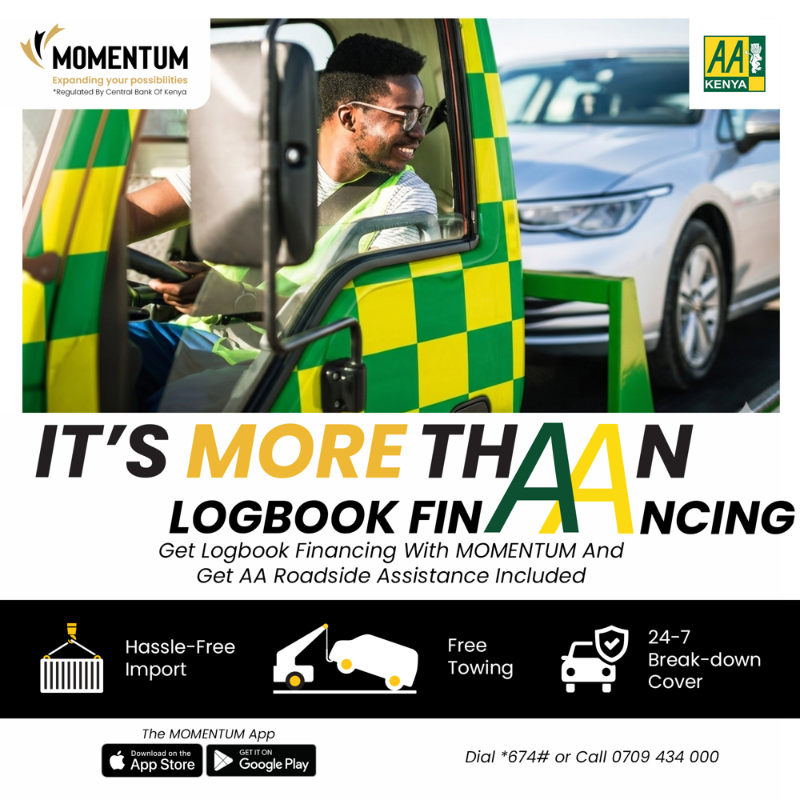 momentum_ke's tweet photo. Secure a logbook loan and drive with confidence. Enjoy 24/7 roadside support and free towing for up to 20km if your car breaks down.