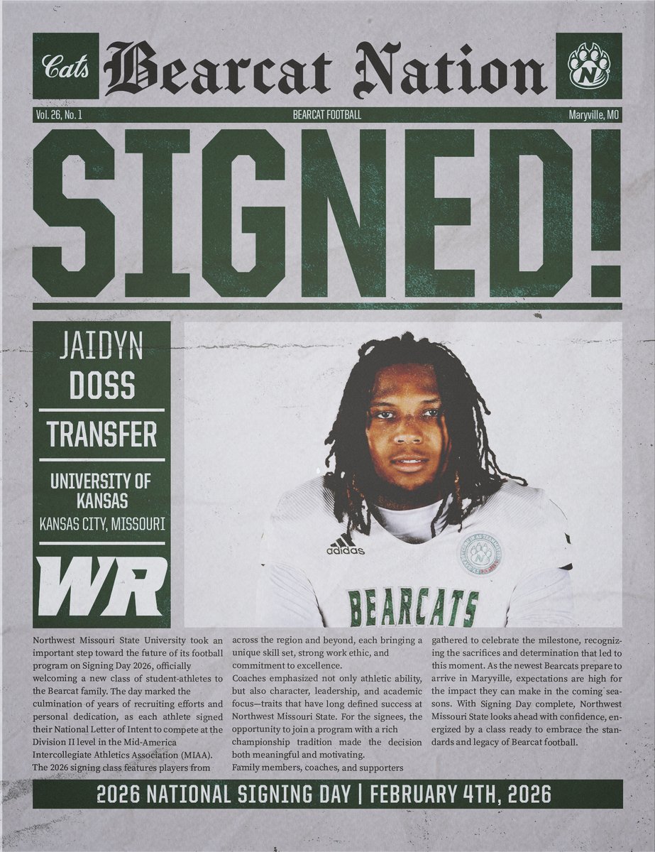 NWBearcat_FB's tweet photo. 🚨BREAKING NEWS 🚨
The field is his playground. Every catch counts. WR Jaidyn Doss from KCMO is officially a part of the family. Lets work!!
#CATSONTHERISE #GOOD𝟐𝟔REAT #EARNEDNOTGIVEN https://t.co/fhn1SKmX6o