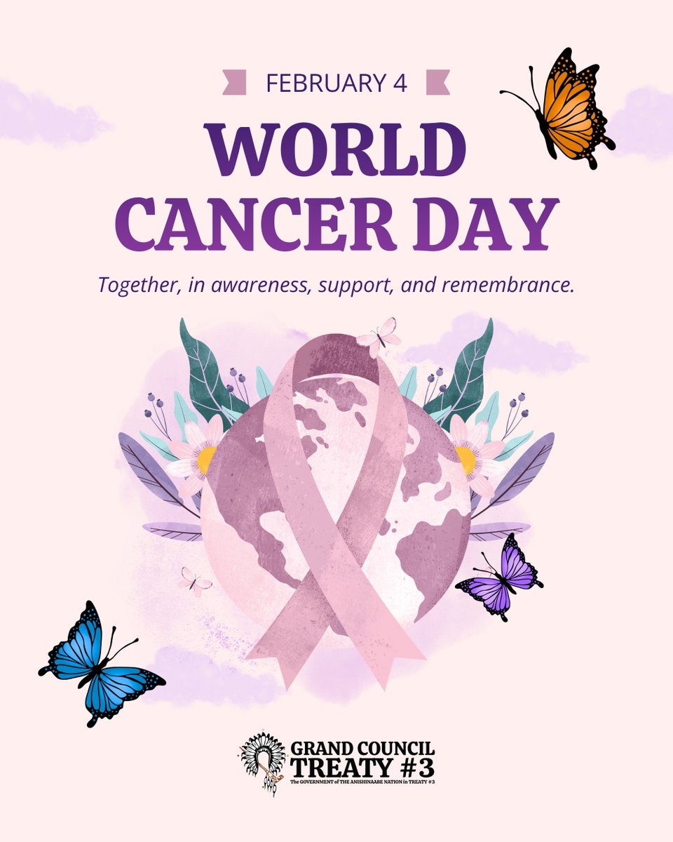 GrandCouncilT3's tweet photo. We stand together in awareness, support, and remembrance for those affected by cancer, survivors, caregivers, and loved ones we carry in our hearts. No one walks this journey alone.
 
  #WorldCancerDay #CancerAwareness #SupportAndRemember   #Treaty3AnishinaabeNation https://t.co/f68d0jArm1