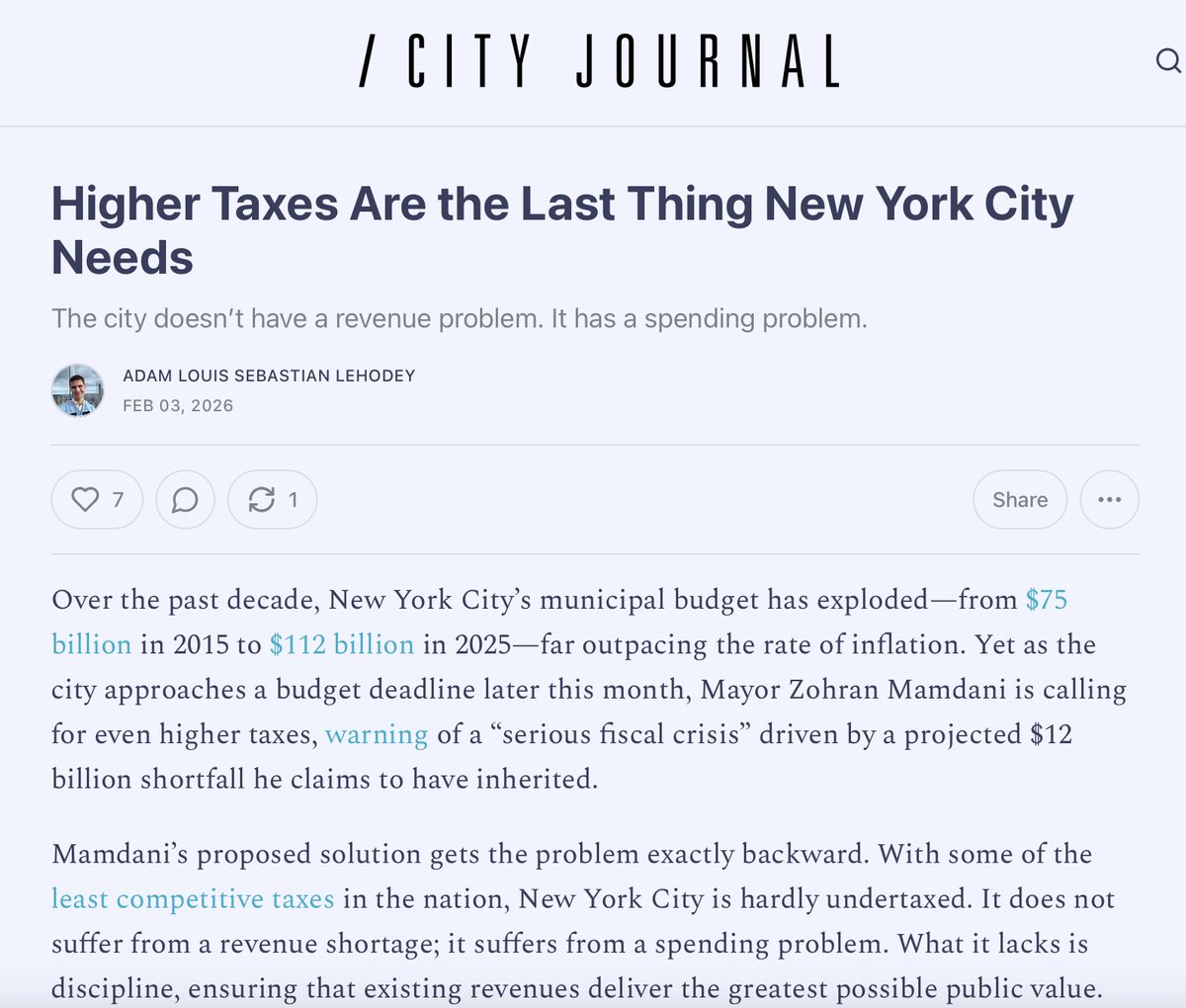 It's no surprise that New York City's politicians are priming the pump for higher taxes, with Mamdani claiming the city is now facing a "serious fiscal crisis" and a $12 billion deficit.

Don't believe it. The city's budget is now at record highs of $112bn and spending has