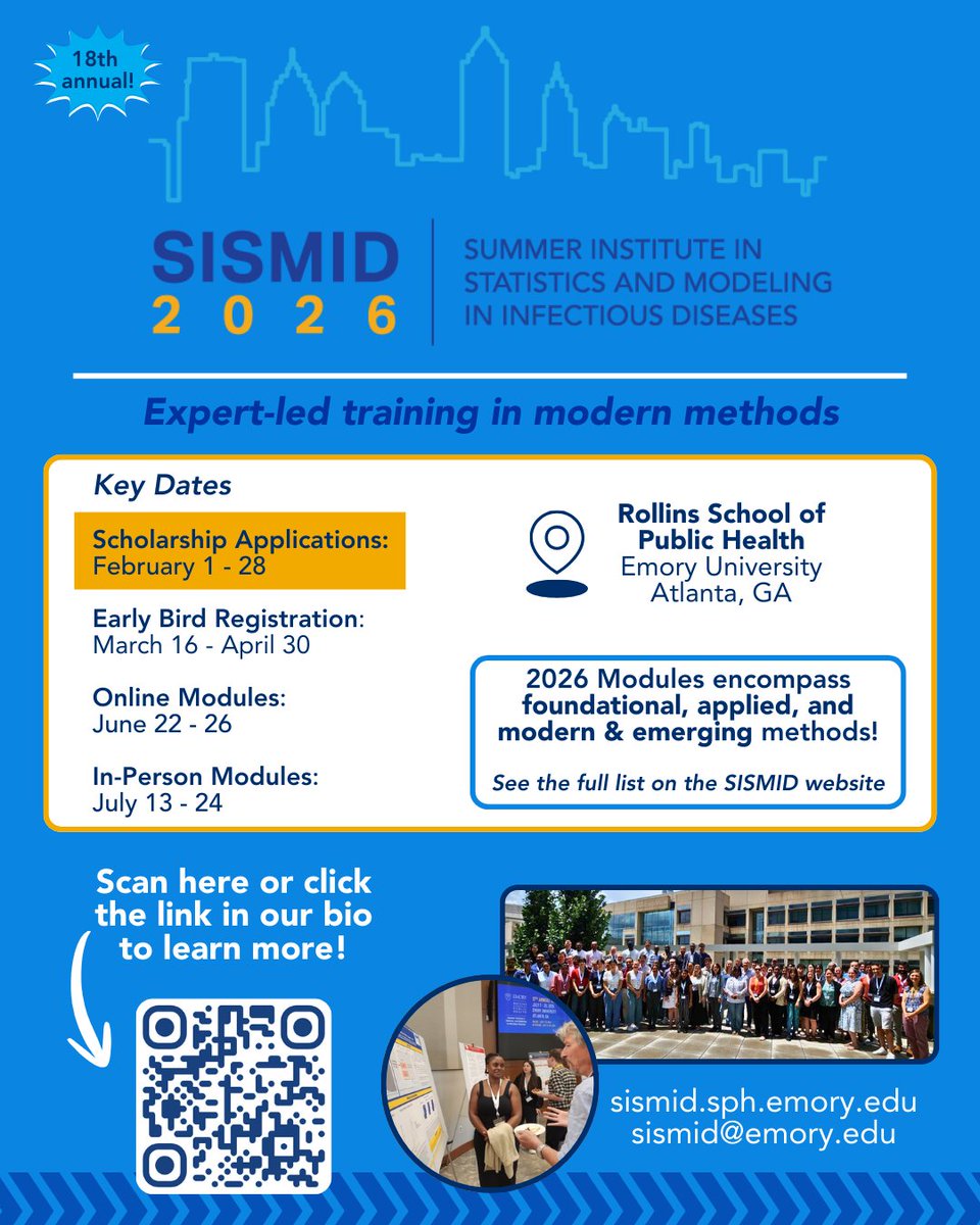 Emory_CIDMATH's tweet photo. Scholarship applications for #SISMID 2026 @EmoryRollins are now open! You can learn more and apply on the SISMID website https://t.co/HUmOgiBO0F https://t.co/0zFMHo6YeB